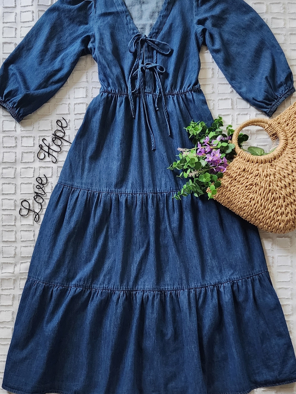 Tiered denim dress Tie-Front Maxi Dress - Denim Blue